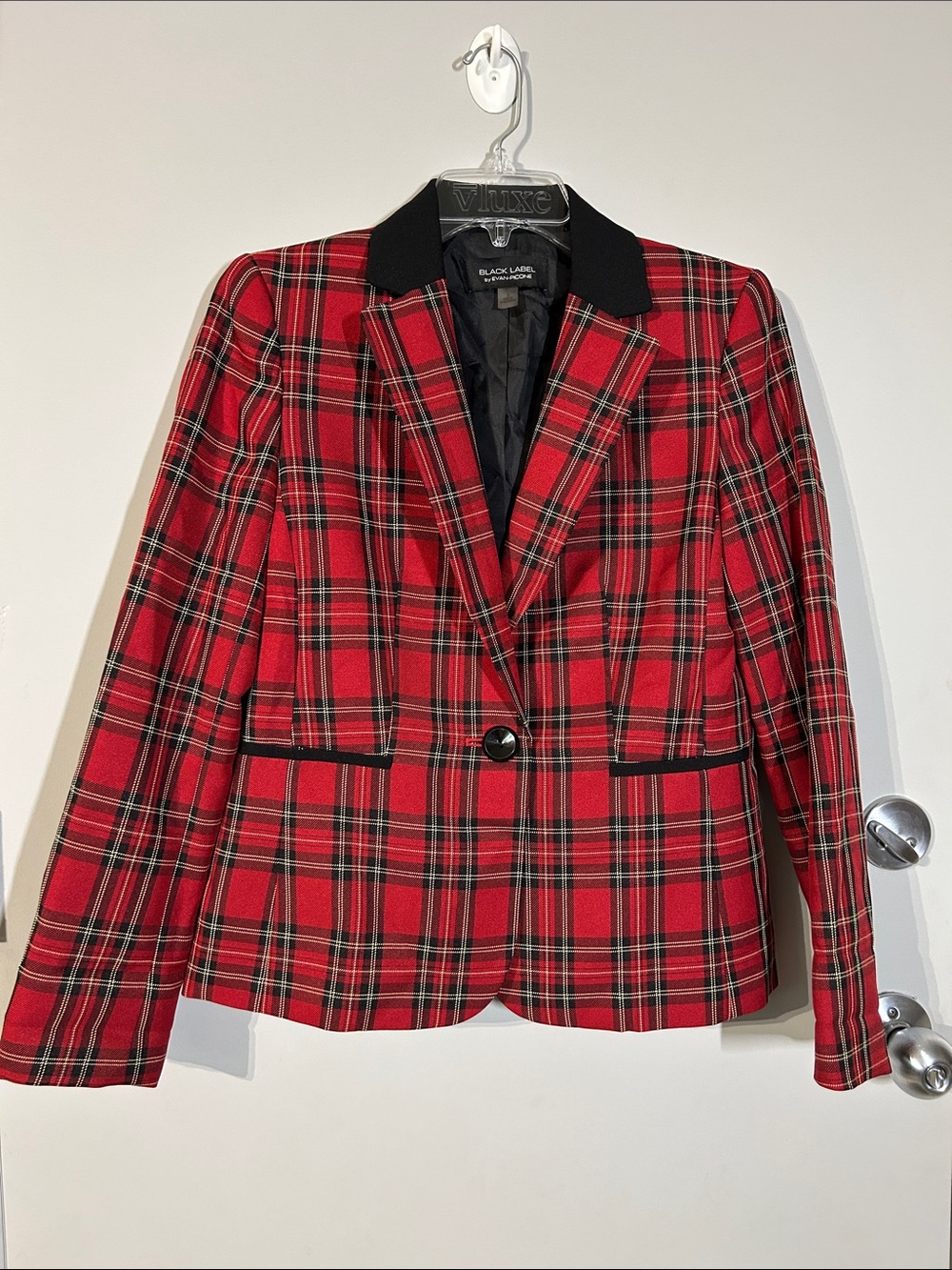 Vintage Red Plaid Evan Picone One-Button Blazer with Black Trim, equestrian